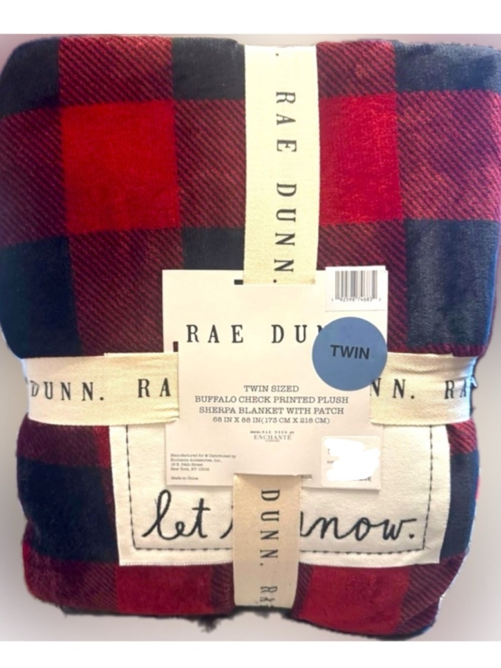 NWT Rae Dunn TWIN Red Black Buffalo Chk Sherpa Blanket/Throw LET IT SNOW 68x88